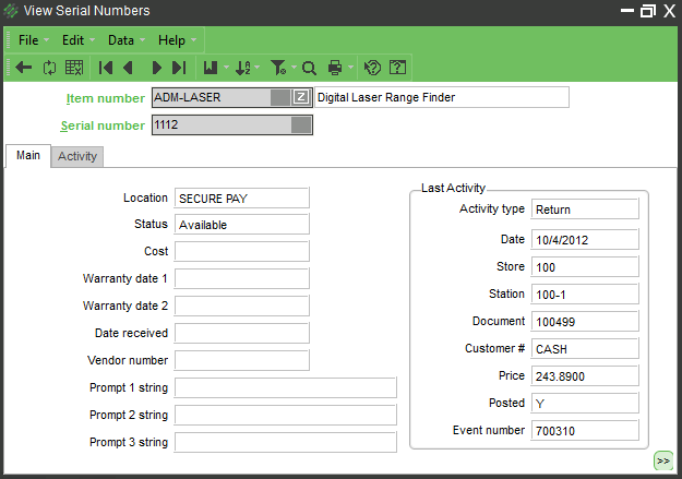 NCR Serial Number Tracking Screen