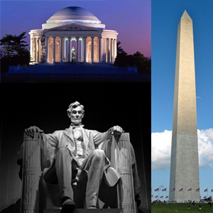 National Monuments: The Jefferson Memorial, Lincoln Memorial, and Washington Monument 
